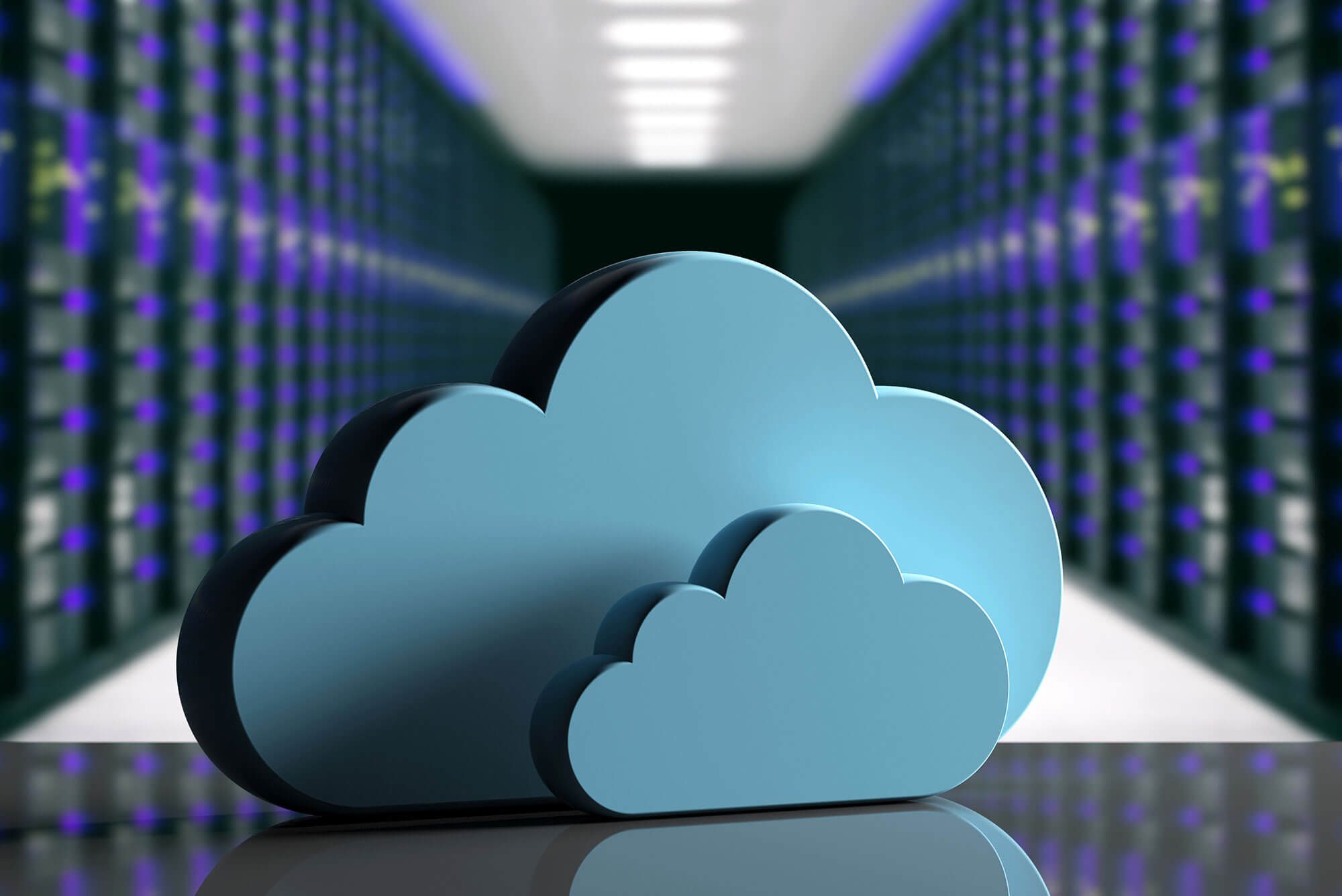 securus-cloudhost-banner 3-D image of two clouds in front of a server room