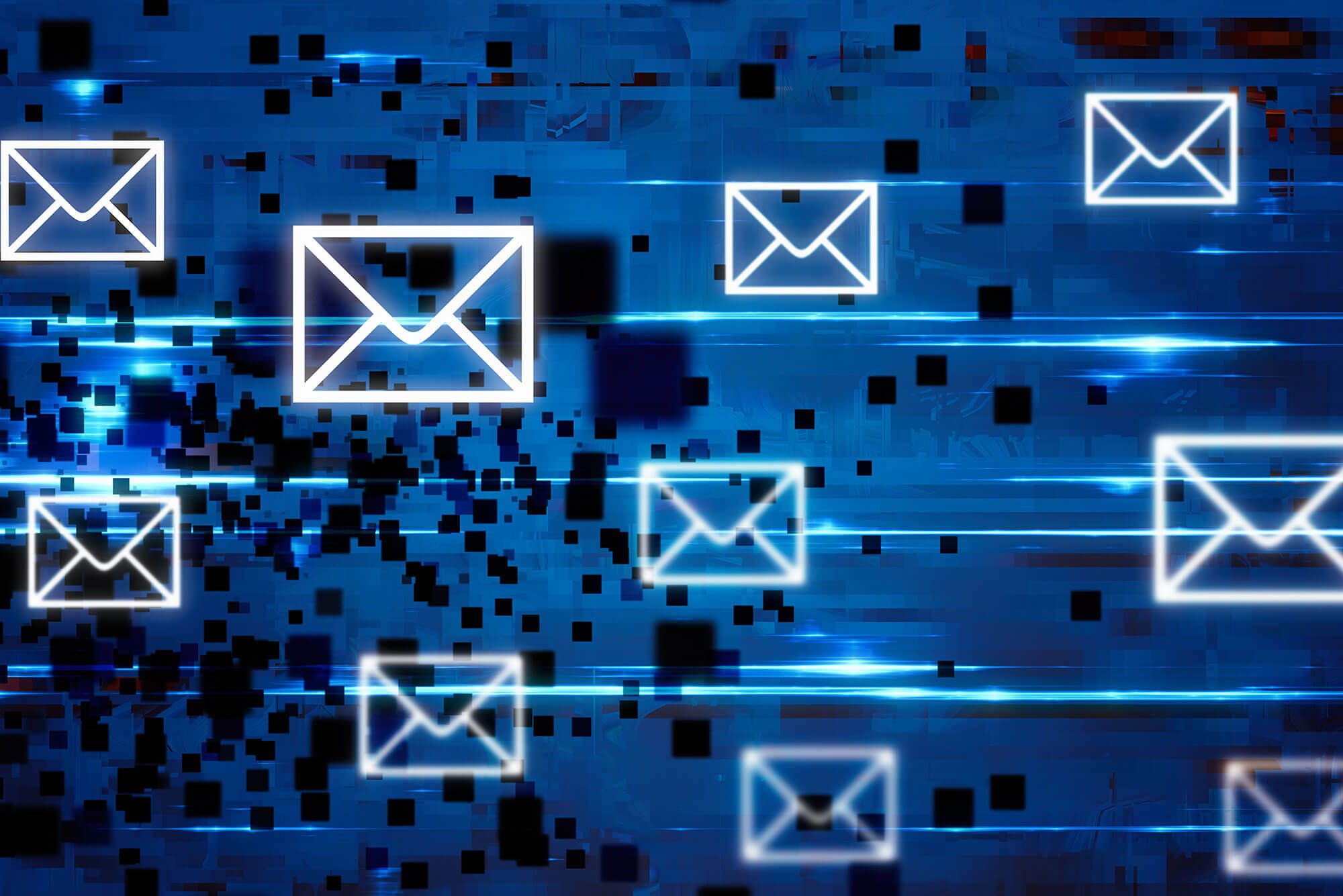 securus-email-banner Graphic with white envelope icons zooming across a futuristic blue background