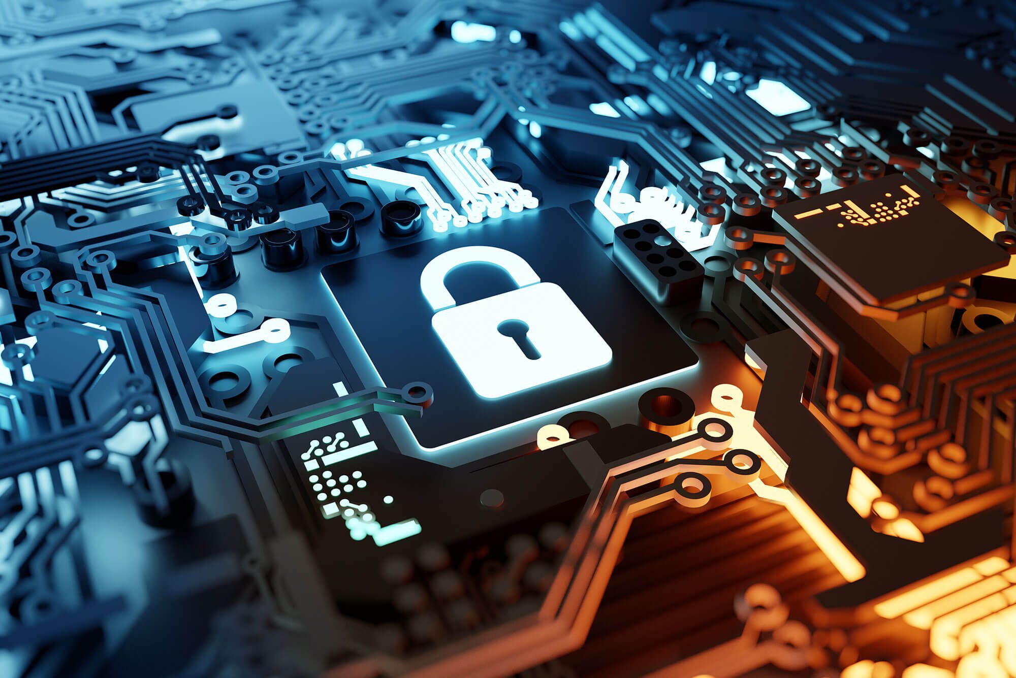A graphic a white padlock surrounded by a blue digital wiring on top and orange wiring below to help[ illustrate managed it in Bellingham
