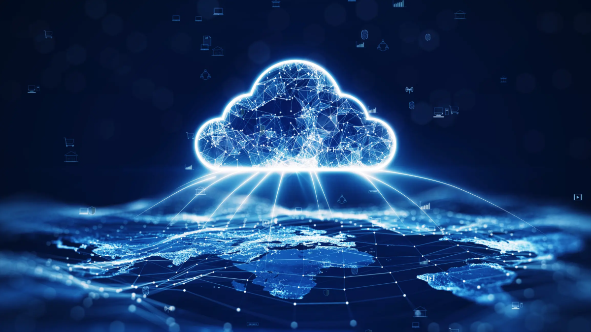 cloud-computing-blue-neon-cloud There is a large prominent cloud icon in the center with internal connections. and small icon on abstract world map polygon with dark blue background.